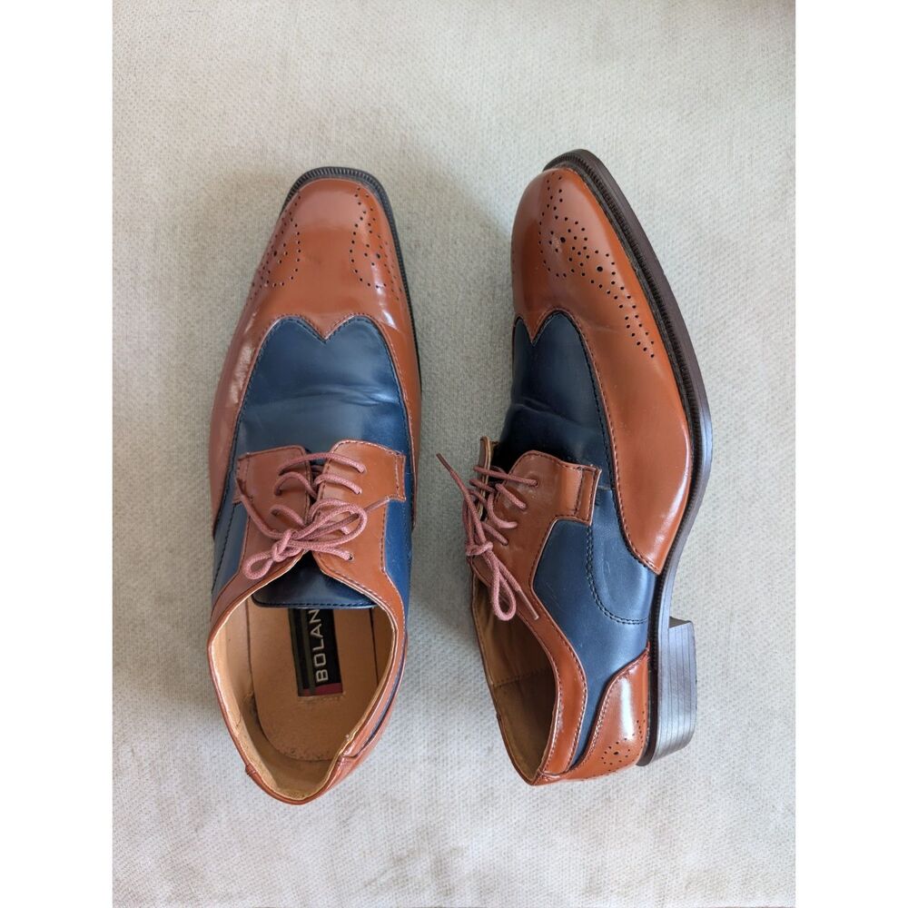 Bolano Men's 10.5 Cognac Navy Two Tone Wingtip Brogue Dress Shoes